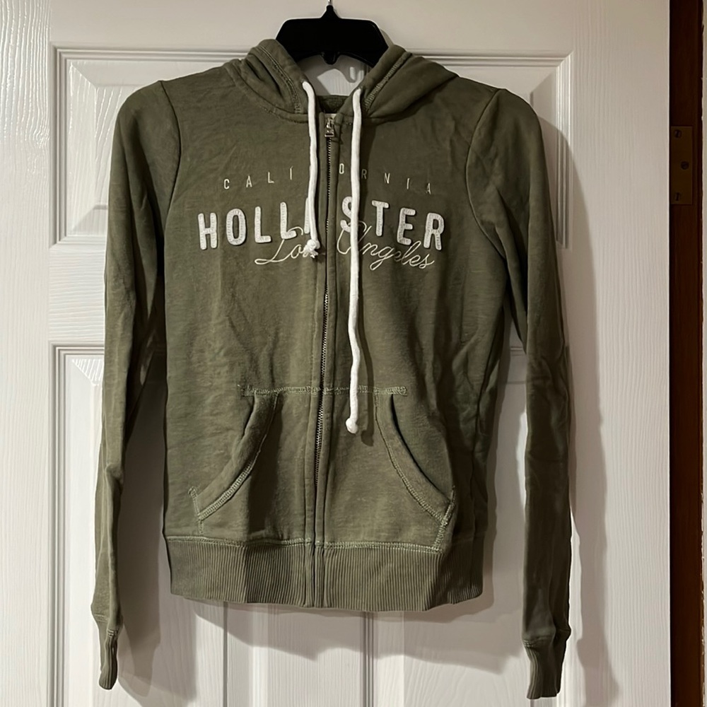 EUC Hollister Olive and White Full Zip Up Jacket Hoodie Sz XS